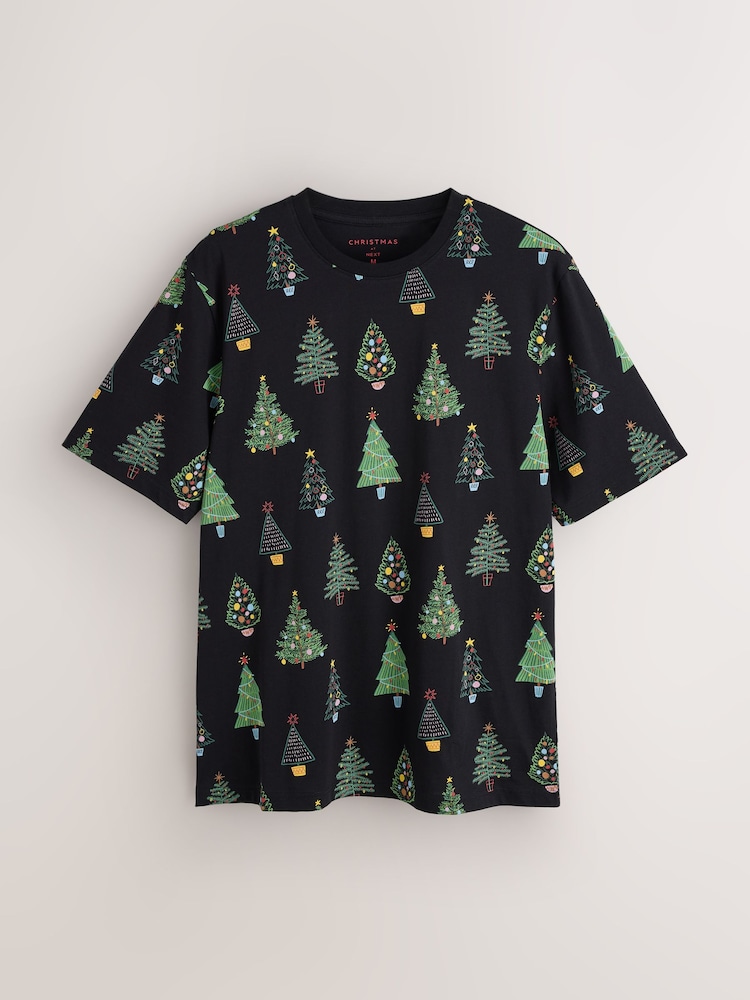 Black Tree Pattern Christmas Graphic T-Shirt - Image 1 of 3 Black Tree Pattern Christmas Graphic T-Shirt - Image 1 of 3