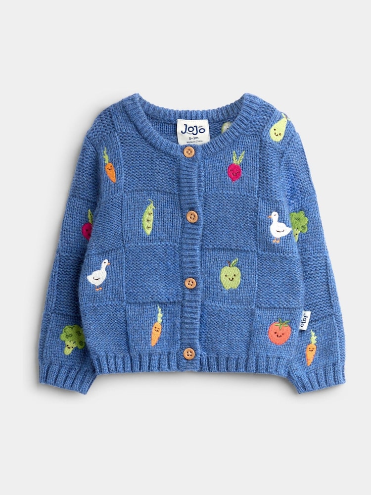 JoJo Maman Bébé Navy Blue Vegetable Embroidered Knit Cardigan - Image 1 of 4 JoJo Maman Bébé Navy Blue Vegetable Embroidered Knit Cardigan - Image 1 of 4