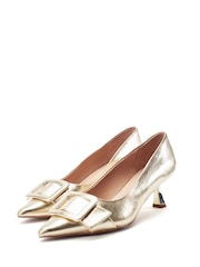 Moda in Pelle Gold Ghiselle Kitten Heel Court With Buckle Trim - Image 4 of 7
