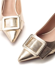 Moda in Pelle Gold Ghiselle Kitten Heel Court With Buckle Trim - Image 6 of 7