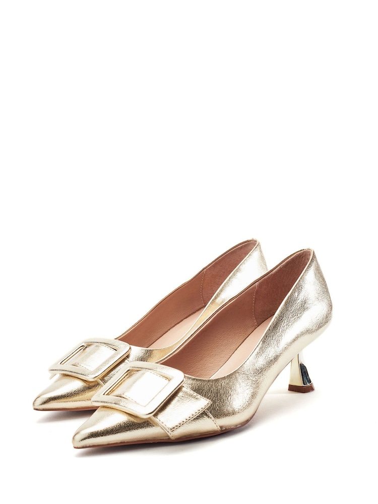 Moda in Pelle Gold Ghiselle Kitten Heel Court With Buckle Trim - Image 6 of 6