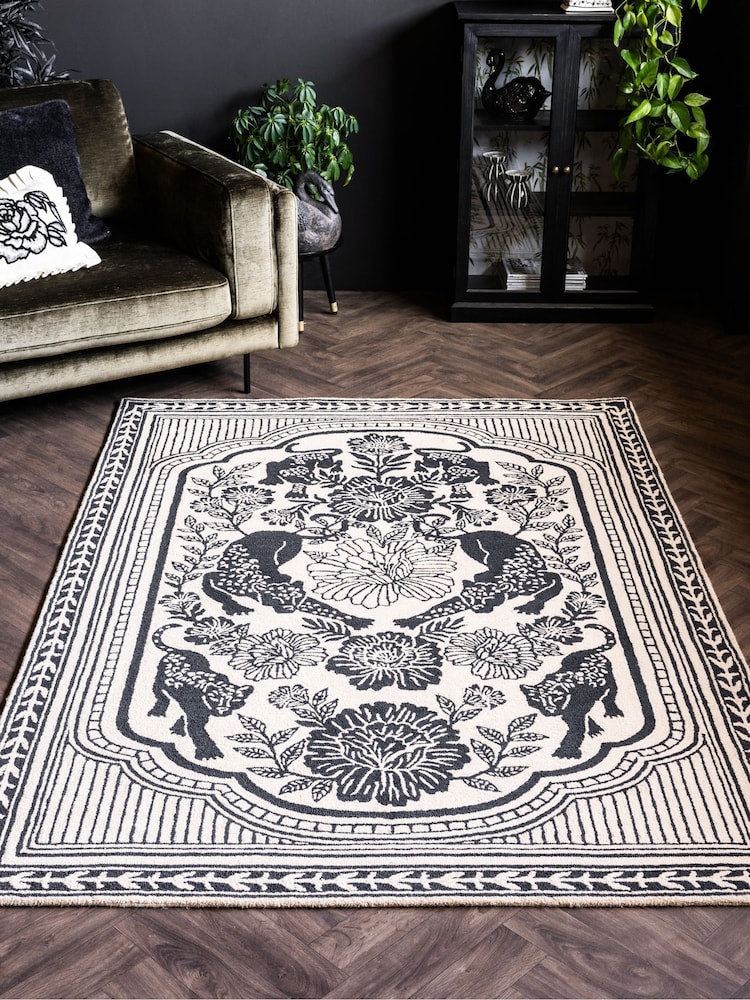 Rockett St George Natural Wool Tufted Floral Panthers Rug - Image 1 of 7