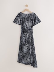 Grey Animal Print Textured Satin Short Sleeve Side Hitch Midi Dress - Image 1 of 3