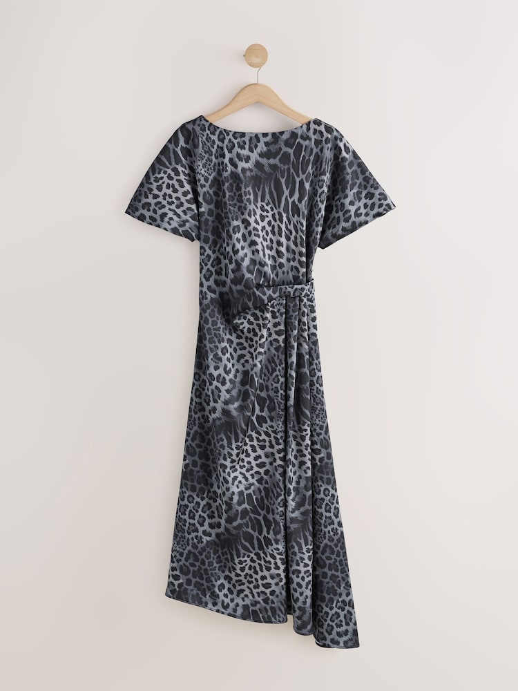 Grey Animal Print Textured Satin Short Sleeve Side Hitch Midi Dress - Image 1 of 3 Grey Animal Print Textured Satin Short Sleeve Side Hitch Midi Dress - Image 1 of 3
