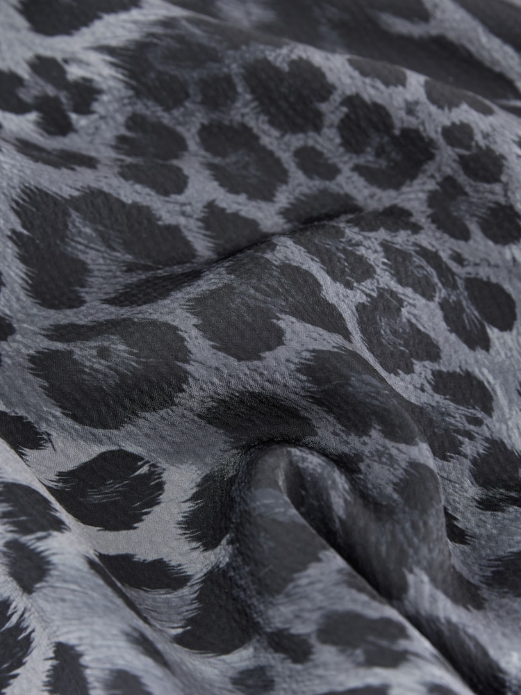 Grey Animal Print Textured Satin Short Sleeve Side Hitch Midi Dress - Image 2 of 3 Grey Animal Print Textured Satin Short Sleeve Side Hitch Midi Dress - Image 2 of 3