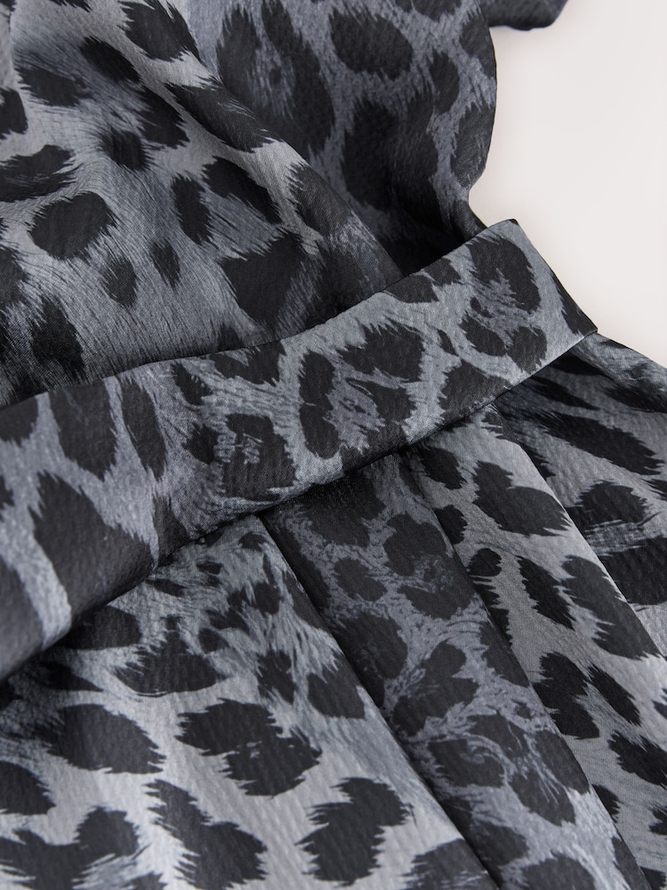 Grey Animal Print Textured Satin Short Sleeve Side Hitch Midi Dress - Image 3 of 3 Grey Animal Print Textured Satin Short Sleeve Side Hitch Midi Dress - Image 3 of 3