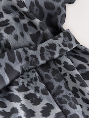 Grey Animal Print Textured Satin Short Sleeve Side Hitch Midi Dress - Image 7 of 7