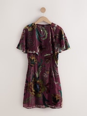 Kew Collection Burgundy Red Floral Devore Cape V-Neck Mini Dress - Image 1 of 3