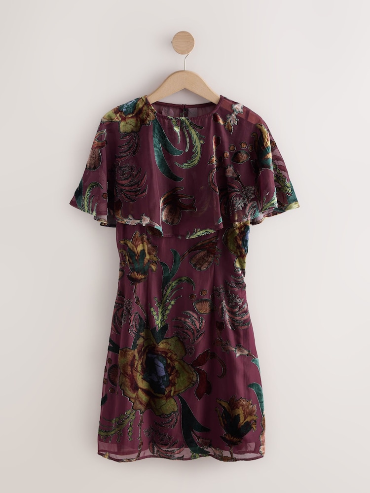 Kew Collection Burgundy Red Floral Devore Cape V-Neck Mini Dress - Image 1 of 3 Kew Collection Burgundy Red Floral Devore Cape V-Neck Mini Dress - Image 1 of 3