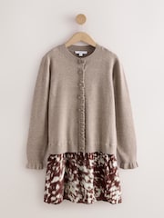 Neutral Animal Long Sleeve Frill Cuff Knit Cardigan 2 in 1 Mini Dress - Image 1 of 3