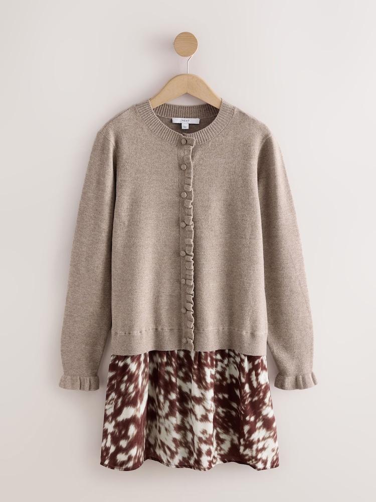 Neutral Animal Long Sleeve Frill Cuff Knit Cardigan 2 in 1 Mini Dress - Image 1 of 3