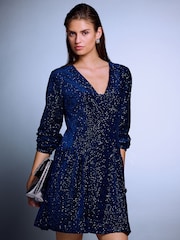 Mornarica Plavo - Long Sleeve Sequin V-Neck Mini Dress - Slika 1 od 5