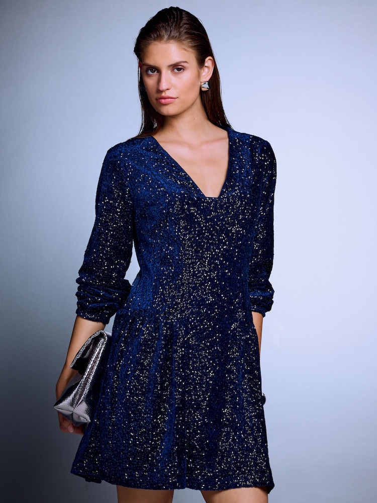 Mornarica Plavo - Long Sleeve Sequin V-Neck Mini Dress - Slika 1 od 5