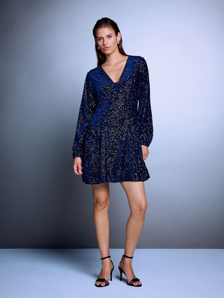 Mornarica Plavo - Long Sleeve Sequin V-Neck Mini Dress - Slika 2 od 5