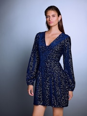 Mornarica Plavo - Long Sleeve Sequin V-Neck Mini Dress - Slika 3 od 5
