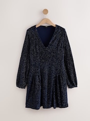 Navy Blue Long Sleeve Sequin V-Neck Mini Dress - Image 6 of 8