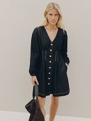 Negru - Rochie mini cu talie strânsă și aspect de denim - Imaginea 1 din 9