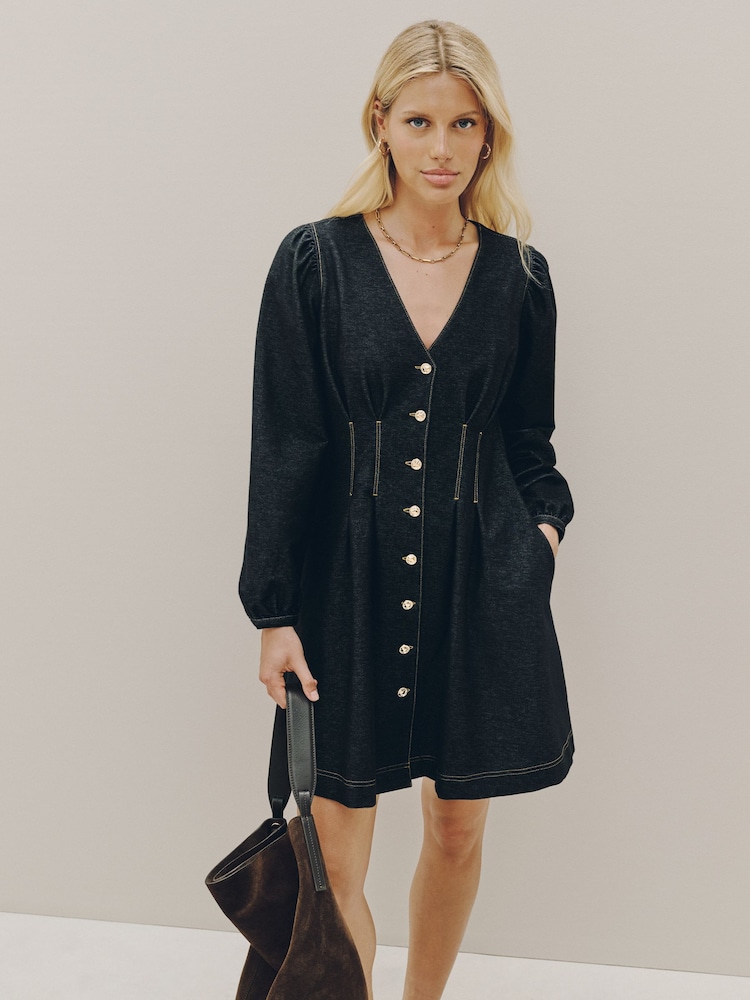 Negru - Rochie mini cu talie strânsă și aspect de denim - Imaginea 1 din 9 Negru - Rochie mini cu talie strânsă și aspect de denim - Imaginea 1 din 9
