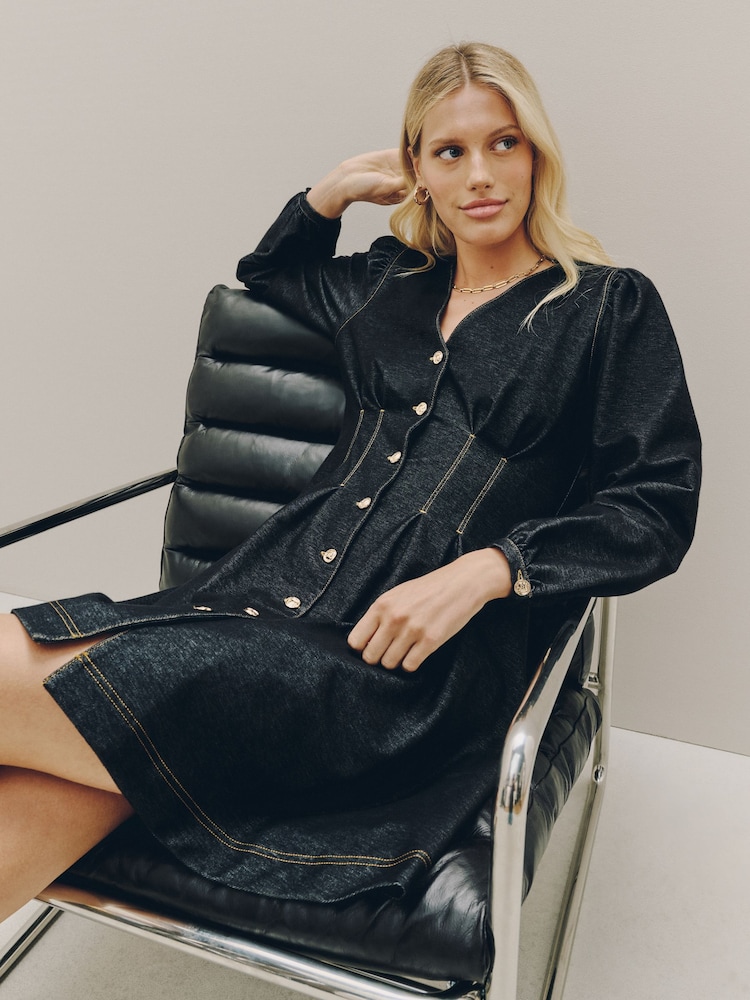 Negru - Rochie mini cu talie strânsă și aspect de denim - Imaginea 2 din 9 Negru - Rochie mini cu talie strânsă și aspect de denim - Imaginea 2 din 9