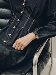 Negru - Rochie mini cu talie strânsă și aspect de denim - Imaginea 6 din 9