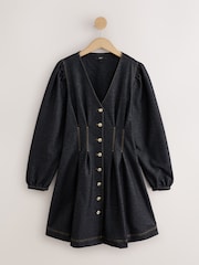 Negru - Rochie mini cu talie strânsă și aspect de denim - Imaginea 7 din 9