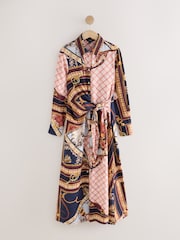 Pink Scarf Print Long Sleeve Tie Waist Midi Shirt Dress - Image 1 of 1