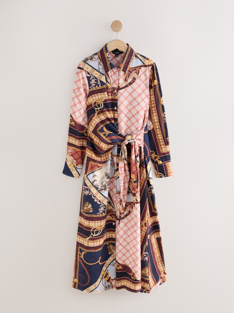 Pink Scarf Print Long Sleeve Tie Waist Midi Shirt Dress - Image 1 of 1 Pink Scarf Print Long Sleeve Tie Waist Midi Shirt Dress - Image 1 of 1
