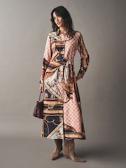 Pink Scarf Print Long Sleeve Tie Waist Midi Shirt Dress - Image 2 of 7