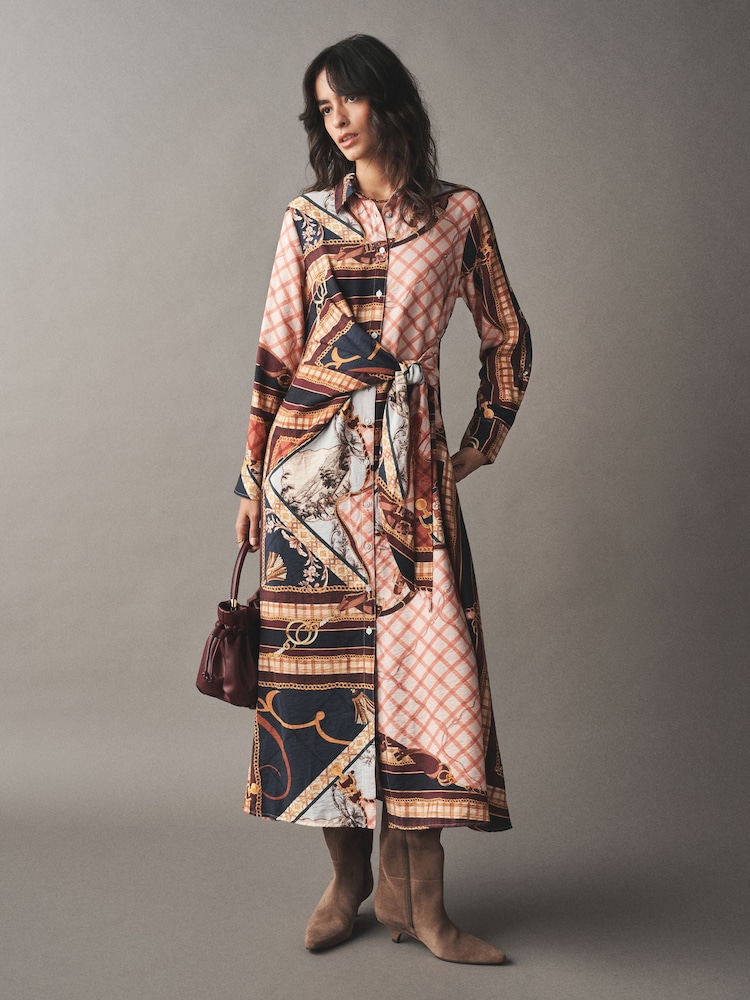 Pink Scarf Print Long Sleeve Tie Waist Midi Shirt Dress - Image 2 of 7 Pink Scarf Print Long Sleeve Tie Waist Midi Shirt Dress - Image 2 of 7