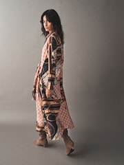Pink Scarf Print Long Sleeve Tie Waist Midi Shirt Dress - Image 3 of 7