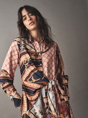 Pink Scarf Print Long Sleeve Tie Waist Midi Shirt Dress - Image 4 of 7