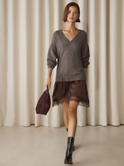 Mocha棕色 - Long Sleeve Knit Satin Lace Trim 2 in 1 Mini Dress - 圖片 2，共 8