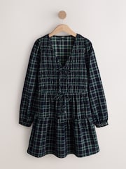 Navy Check Long Sleeve V-Neck Tie Cord Mini Dress - Image 1 of 3