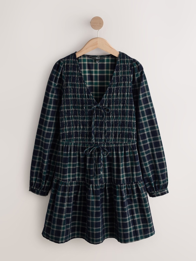 Navy Check Long Sleeve V-Neck Tie Cord Mini Dress - Image 1 of 3 Navy Check Long Sleeve V-Neck Tie Cord Mini Dress - Image 1 of 3