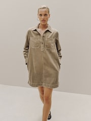 Sage Green Long Sleeve Cord Overhead Mini Dress - Image 1 of 9
