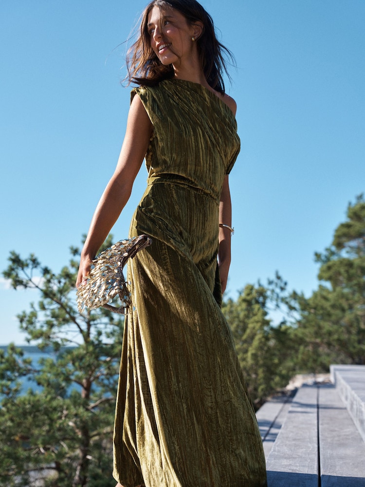 Olive Green One Shoulder Ruched Crushed Velvet Midi Dress - Image 1 of 7 Olive Green One Shoulder Ruched Crushed Velvet Midi Dress - Image 1 of 7