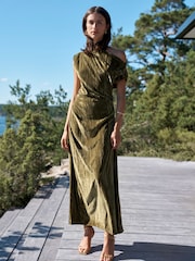 Olive Green One Shoulder Ruched Crushed Velvet Midi Dress - Image 2 of 7