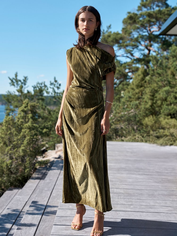 Olive Green One Shoulder Ruched Crushed Velvet Midi Dress - Image 2 of 7 Olive Green One Shoulder Ruched Crushed Velvet Midi Dress - Image 2 of 7