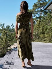 Olive Green One Shoulder Ruched Crushed Velvet Midi Dress - Image 3 of 7