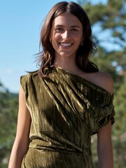 Olive Green One Shoulder Ruched Crushed Velvet Midi Dress - Image 4 of 7