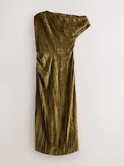 Olive Green One Shoulder Ruched Crushed Velvet Midi Dress - Image 5 of 7