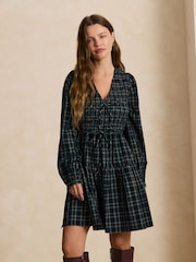 Dark Green Heart Check Long Sleeve Tie Neck Mini Dress - Image 1 of 5