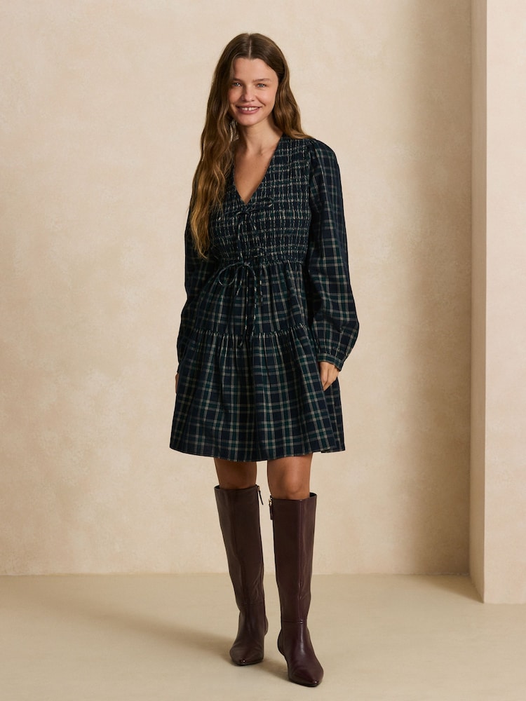 Dark Green Heart Check Long Sleeve Tie Neck Mini Dress - Image 2 of 5 Dark Green Heart Check Long Sleeve Tie Neck Mini Dress - Image 2 of 5