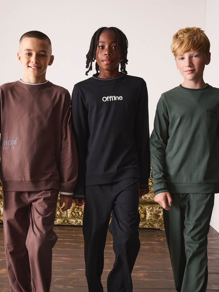 Khaki/Black/Brown Offline Long Sleeve Jogger Pyjamas Set 3 Pack (3-16yrs) - Image 1 of 13 Khaki/Black/Brown Offline Long Sleeve Jogger Pyjamas Set 3 Pack (3-16yrs) - Image 1 of 13
