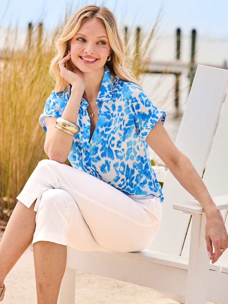 Sosandar Blue Animal Print Jacquard Shirt - Image 2 of 5 Sosandar Blue Animal Print Jacquard Shirt - Image 2 of 5