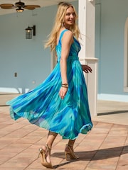 Sosandar Blue Floral Print Belted Pleated Fit & Flare Dress - Image 2 of 5
