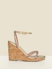 Sosandar Gold Metallic Diamante Strappy Cork Wedge Espadrilles - Image 1 of 4