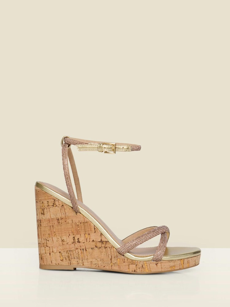 Sosandar Gold Metallic Diamante Strappy Cork Wedge Espadrilles - Image 1 of 4