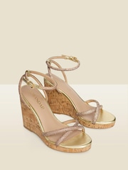 Sosandar Gold Metallic Diamante Strappy Cork Wedge Espadrilles - Image 2 of 4