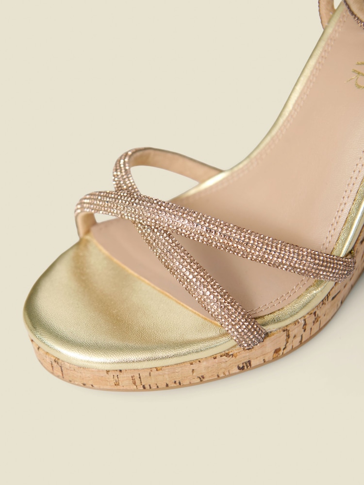 Sosandar Gold Metallic Diamante Strappy Cork Wedge Espadrilles - Image 4 of 4